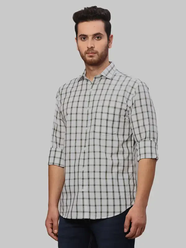 Men Green Slim Fit Checks Cotton Cut Away Collar Shirts - Image 3
