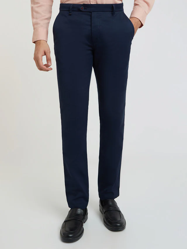 Men Blue Contemporary Fit Structure Cotton Trouser