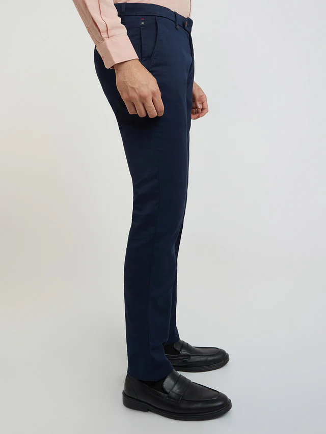 Men Blue Contemporary Fit Structure Cotton Trouser - Image 2