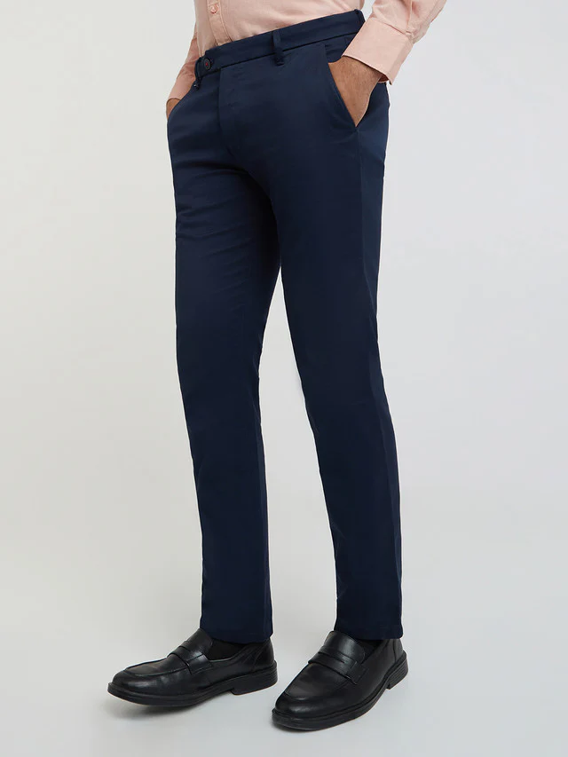 Men Blue Contemporary Fit Structure Cotton Trouser - Image 3