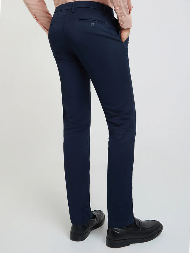 Men Blue Contemporary Fit Structure Cotton Trouser - Image 4