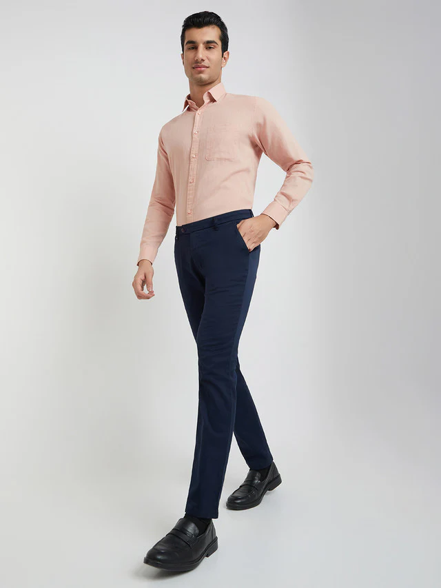 Men Blue Contemporary Fit Structure Cotton Trouser - Image 5