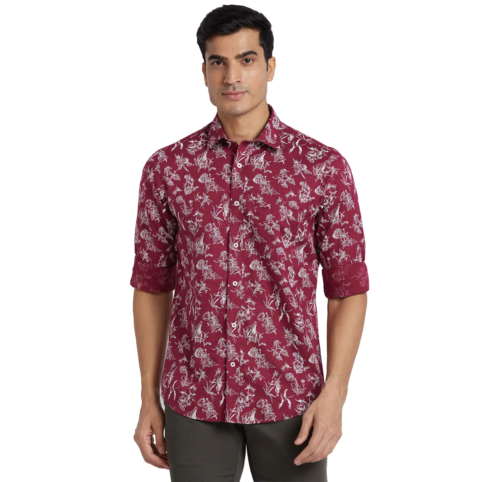 ColorPlus Men Maroon Print Regular Fit Cotton Blend Full Sleeve Shirt