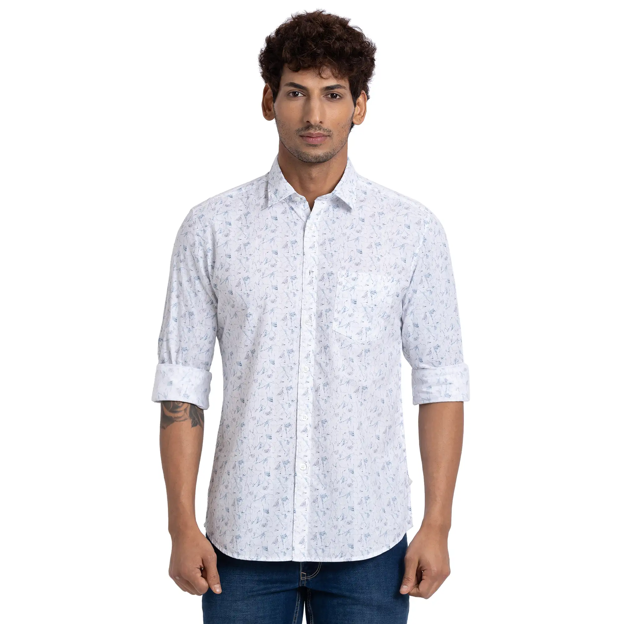 Parx Men White Print Slim Fit Cotton Full Sleeve Cutway Collar Shirt