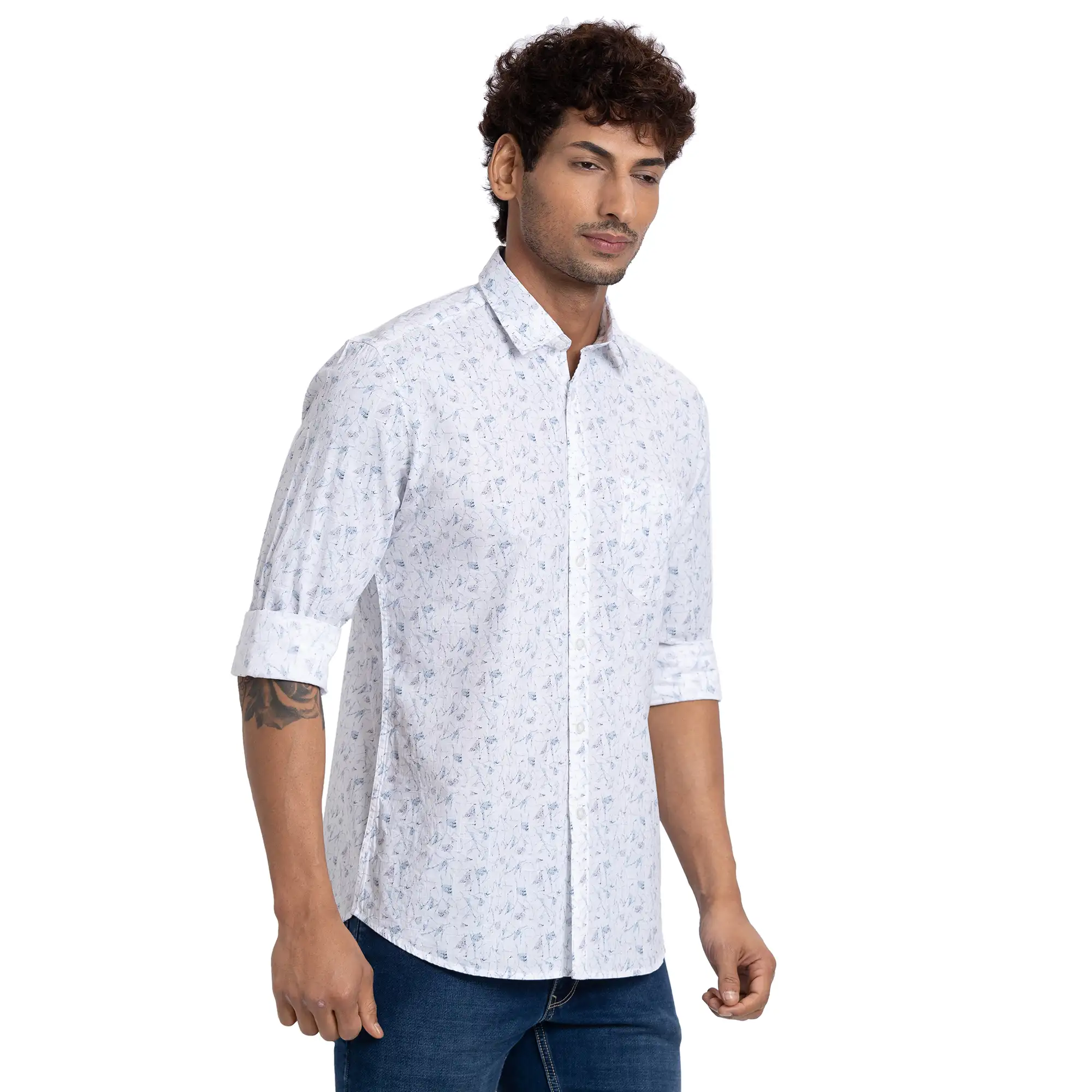 Parx Men White Print Slim Fit Cotton Full Sleeve Cutway Collar Shirt - Image 2