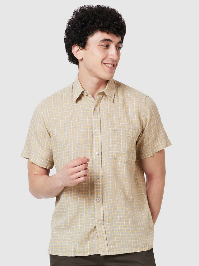 Colorplus Beige Checks Classic Fit Linen Casual Shirt