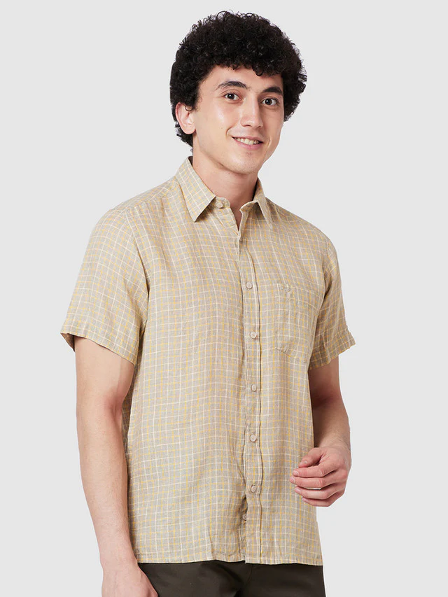 Colorplus Beige Checks Classic Fit Linen Casual Shirt - Image 2