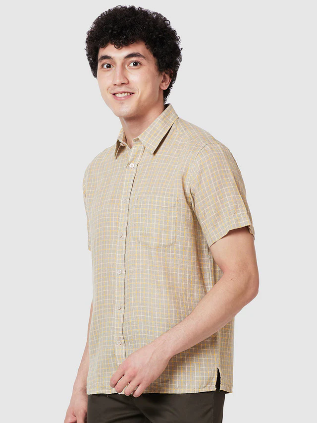 Colorplus Beige Checks Classic Fit Linen Casual Shirt - Image 3