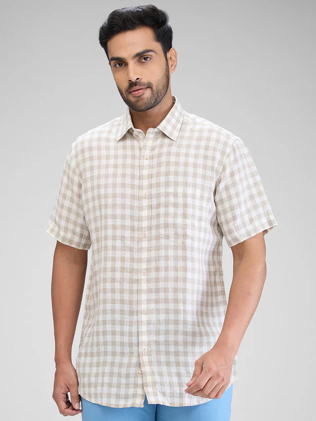 Colorplus Men Brown Checks Tailored Fit Linen Casual Shirt