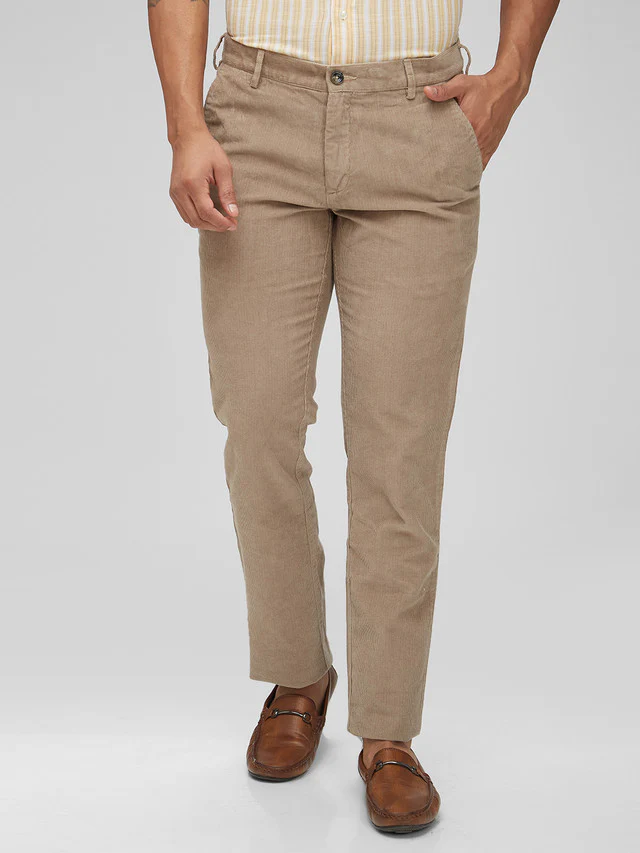 Colorplus Beige Solid Piece Dyed Slim Fit Cotton Trouser