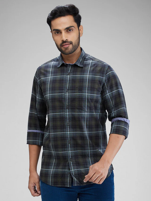 Colorplus Black Checks Slim Fit Cotton Casual Shirt