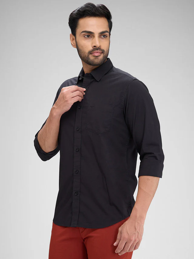 Colorplus Black Solid Piece Dyed Contemporary Fit Full Sleeve Cotton Shirt - Image 3