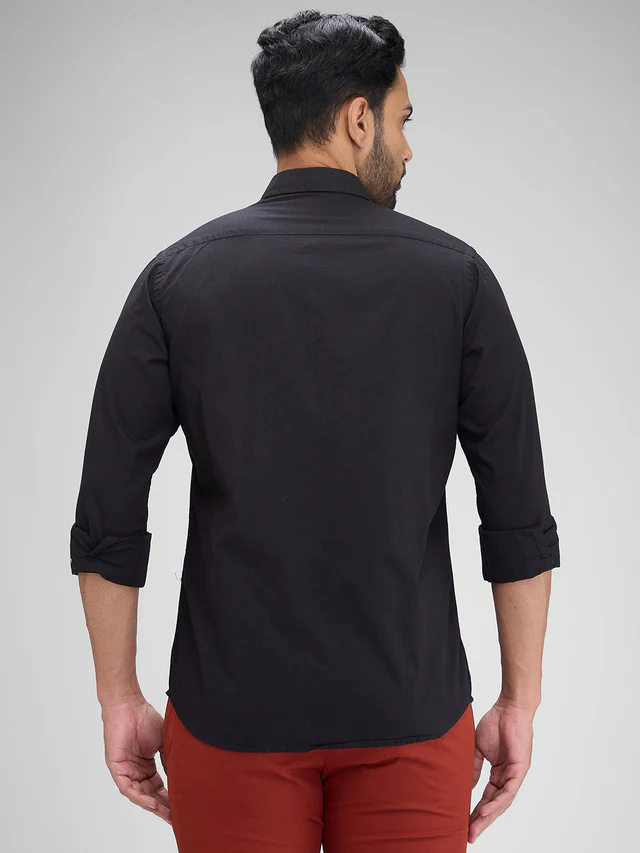 Colorplus Black Solid Piece Dyed Contemporary Fit Full Sleeve Cotton Shirt - Image 4