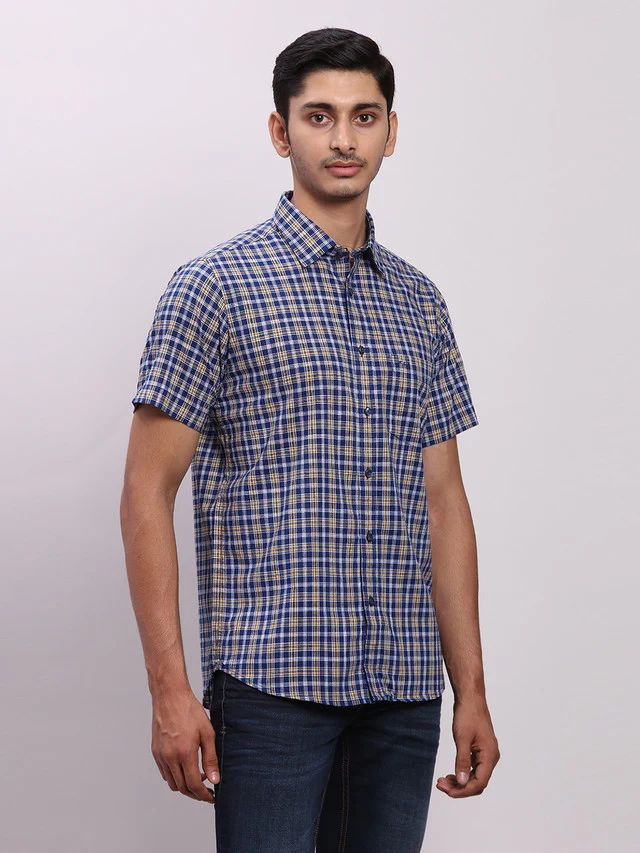 Colorplus Blue Checks Regular Fit Half Sleeve Cotton Shirt - Image 2