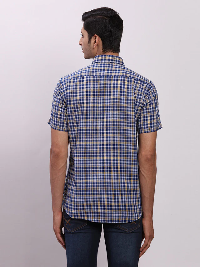 Colorplus Blue Checks Regular Fit Half Sleeve Cotton Shirt - Image 4