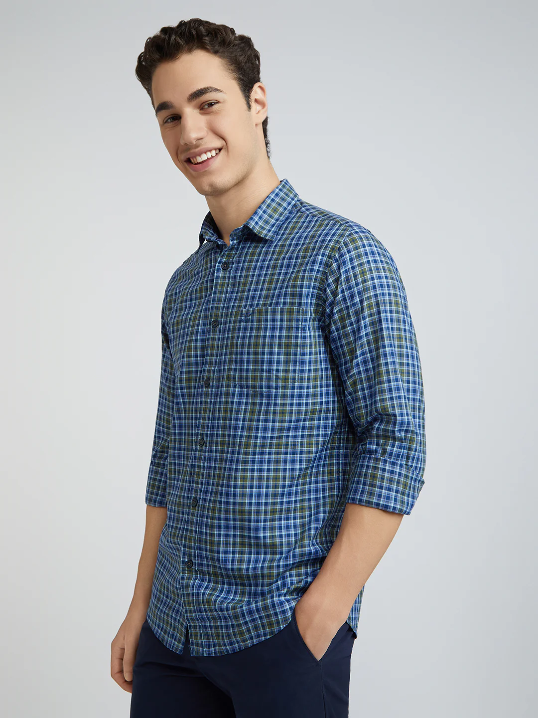 Colorplus Blue Checks Slim Fit Cotton Casual Shirt - Image 3