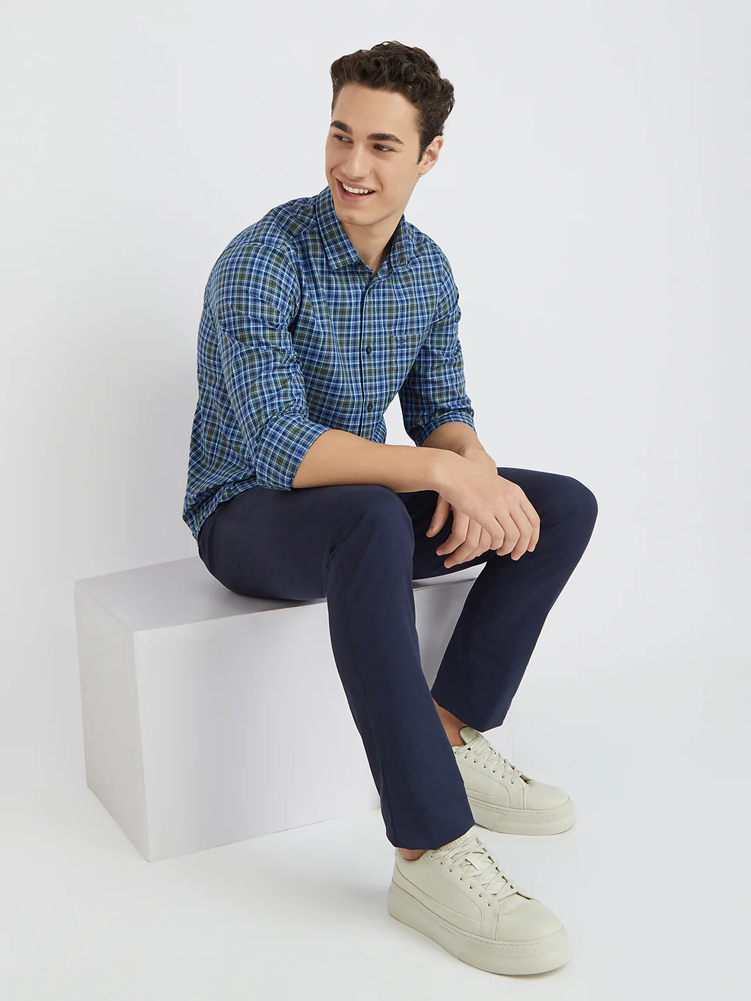Colorplus Blue Checks Slim Fit Cotton Casual Shirt - Image 5