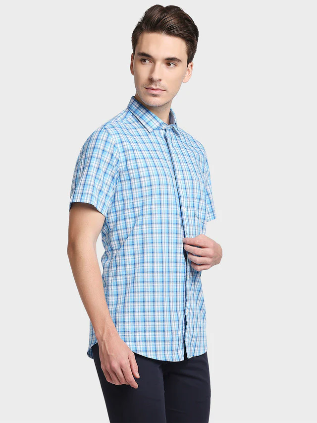 Colorplus Blue Checks Tailored Fit Cotton Casual Shirt - Image 2
