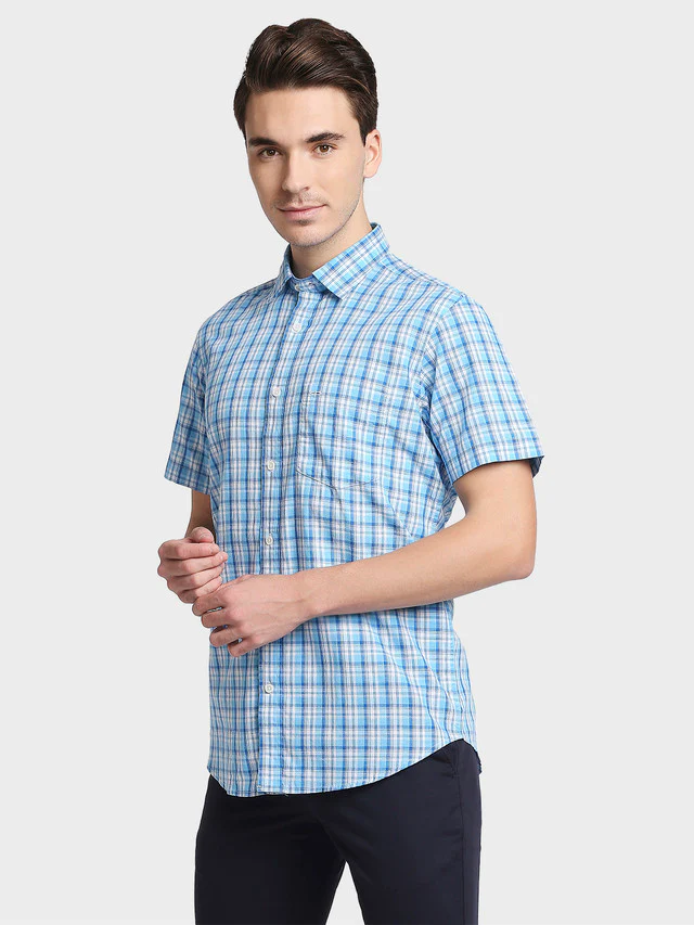 Colorplus Blue Checks Tailored Fit Cotton Casual Shirt - Image 3