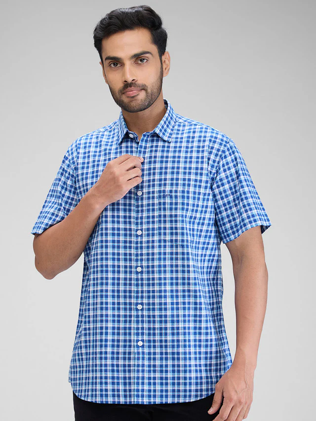 Colorplus Blue Checks Tailored Fit Cotton Casual Shirt