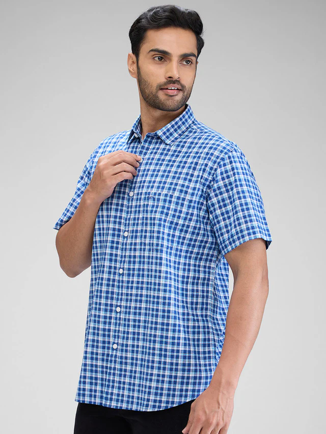 Colorplus Blue Checks Tailored Fit Cotton Casual Shirt - Image 3
