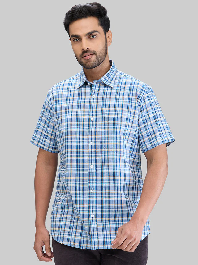 Colorplus Blue Checks Tailored Fit Cotton Casual Shirt