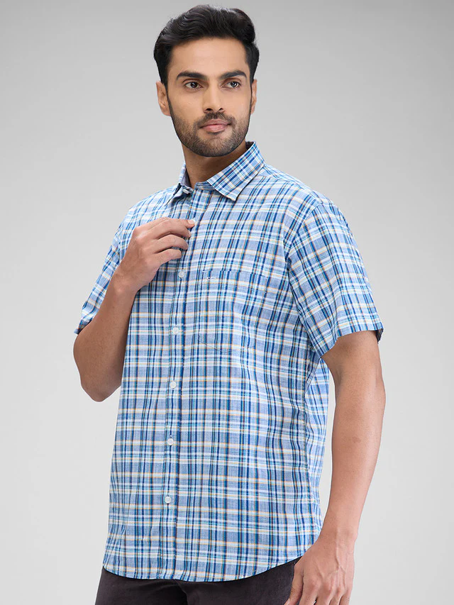 Colorplus Blue Checks Tailored Fit Cotton Casual Shirt - Image 3