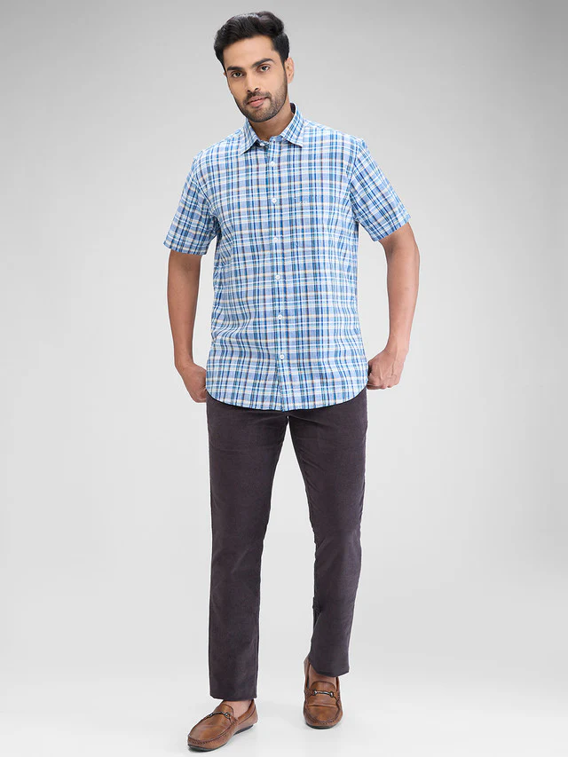 Colorplus Blue Checks Tailored Fit Cotton Casual Shirt - Image 5