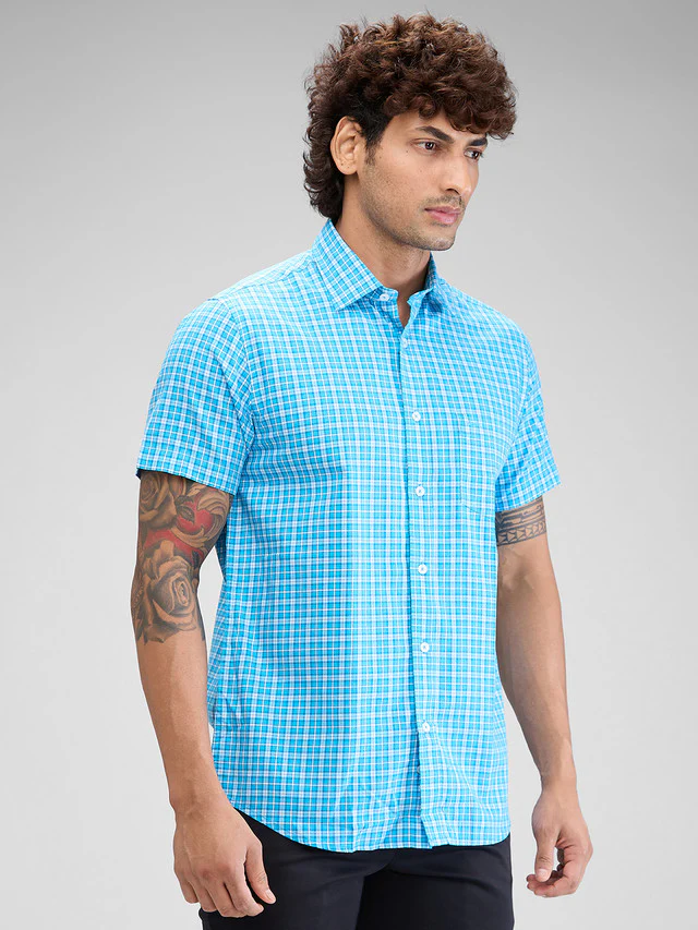 Colorplus Blue Checks Tailored Fit Cotton Casual Shirt - Image 2