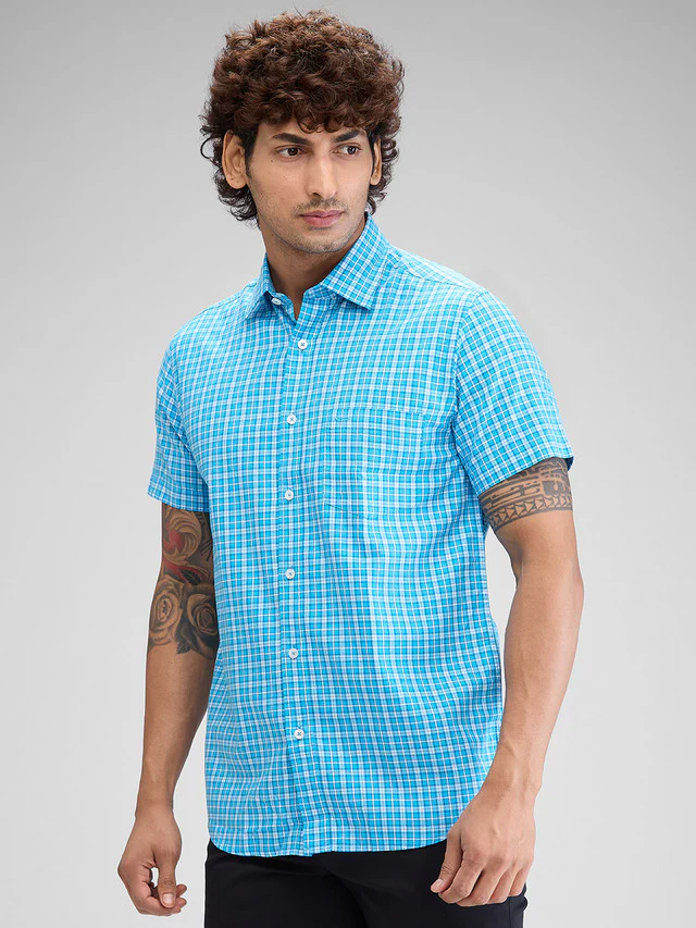 Colorplus Blue Checks Tailored Fit Cotton Casual Shirt - Image 3