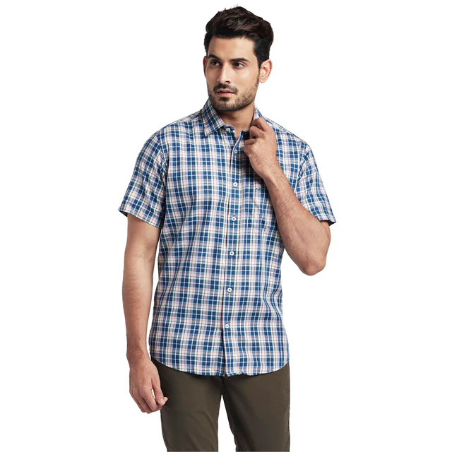 Colorplus Blue Checks Tailored Fit Half Sleeve Cotton Shirt