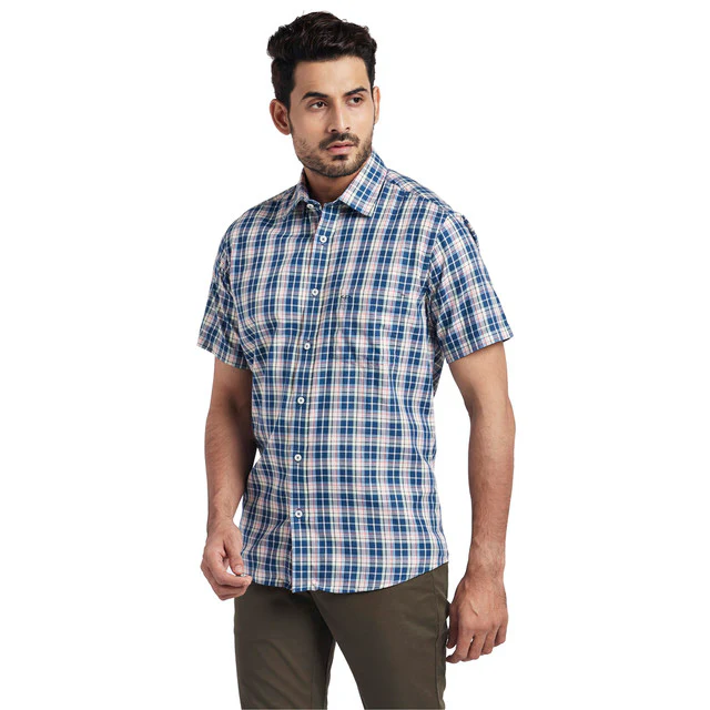 Colorplus Blue Checks Tailored Fit Half Sleeve Cotton Shirt - Image 3