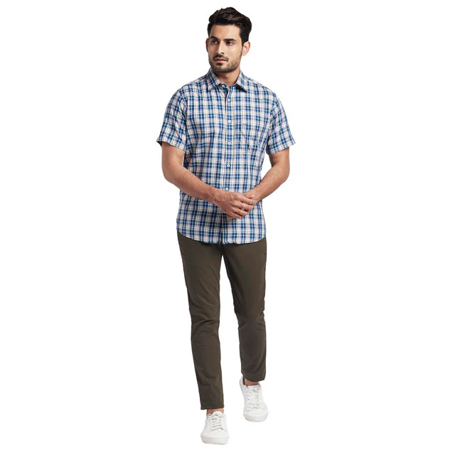 Colorplus Blue Checks Tailored Fit Half Sleeve Cotton Shirt - Image 5