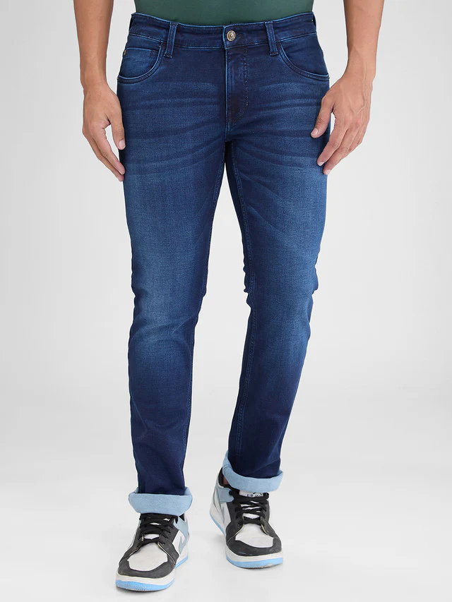 Colorplus Blue Dobby Mid Rise Slim Fit Cotton Blend Jeans