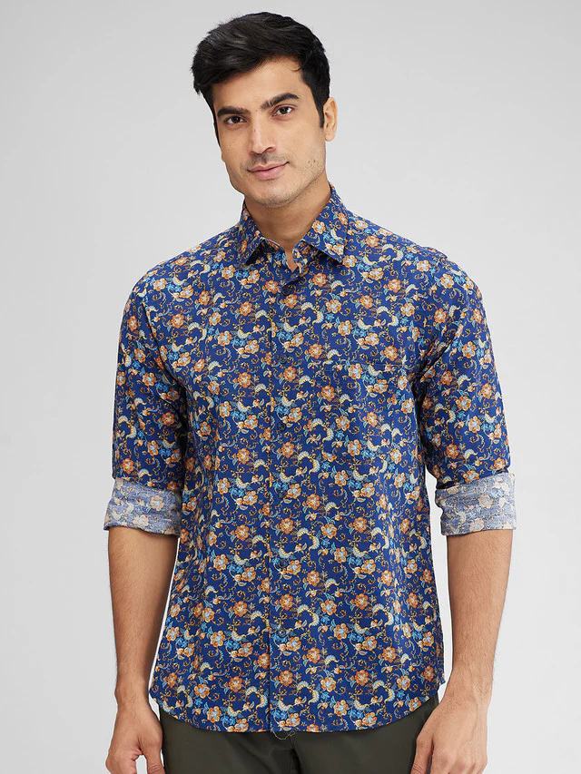 Colorplus Blue Printed Regular Fit Cotton Blend Casual Shirt