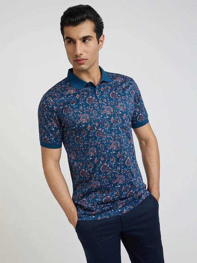 Colorplus Blue Printed Regular Fit Cotton T-Shirt