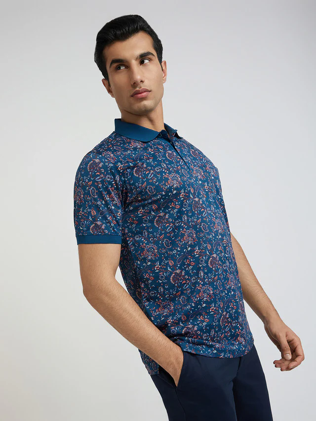 Colorplus Blue Printed Regular Fit Cotton T-Shirt - Image 2