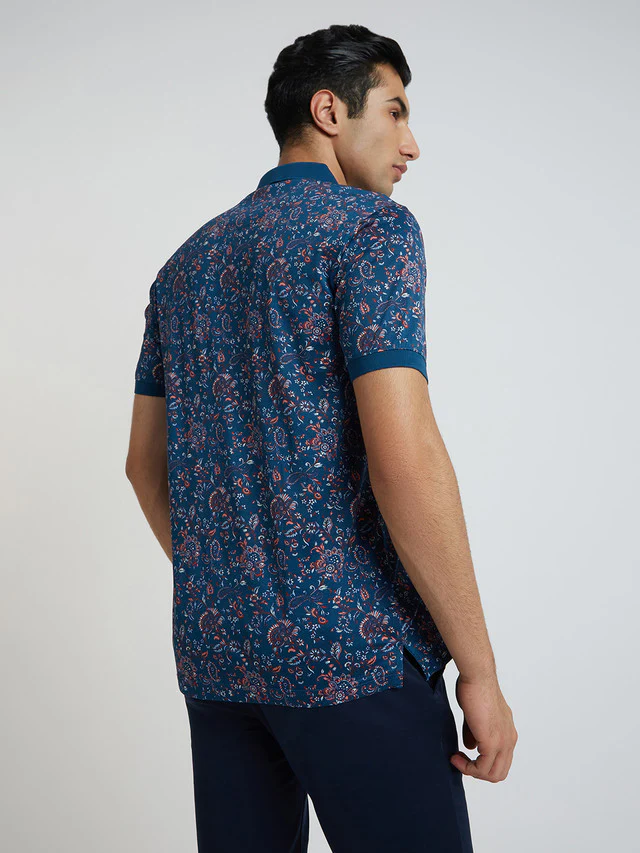 Colorplus Blue Printed Regular Fit Cotton T-Shirt - Image 4