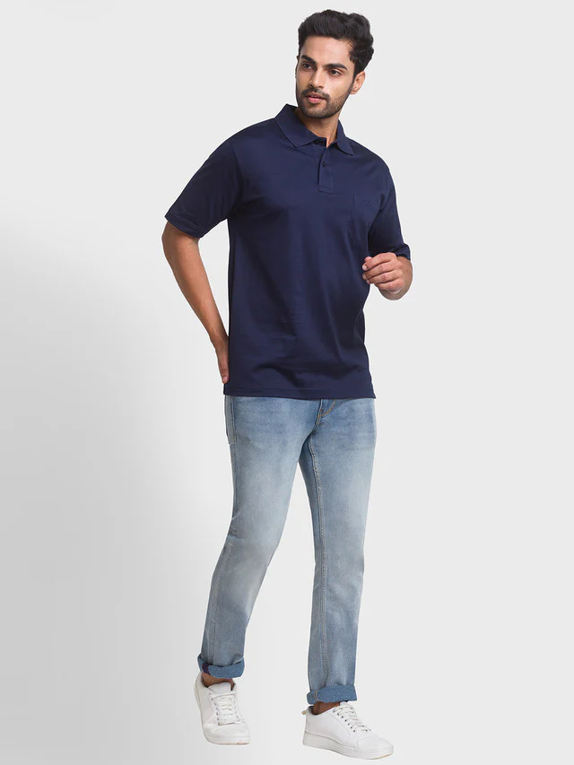 Colorplus Blue Solid Classic Fit Cotton T-Shirt - Image 5
