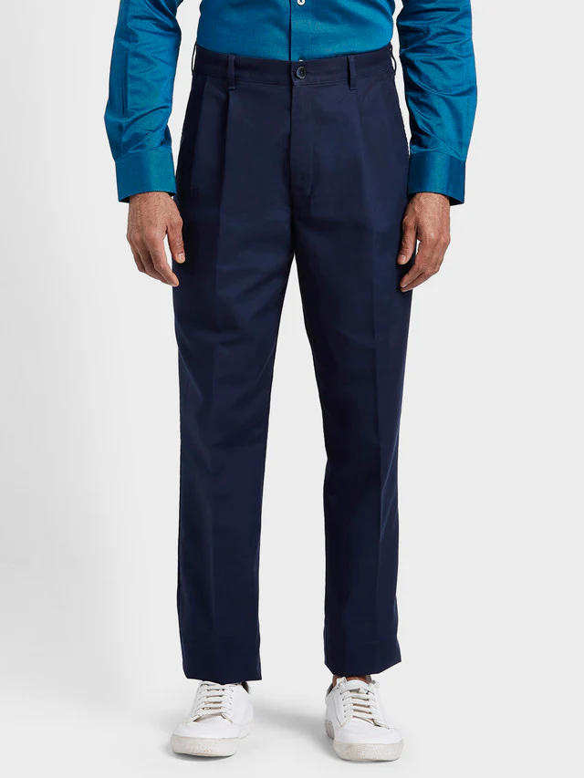 Colorplus Blue Solid Piece Dyed Classic Fit Cotton Trouser