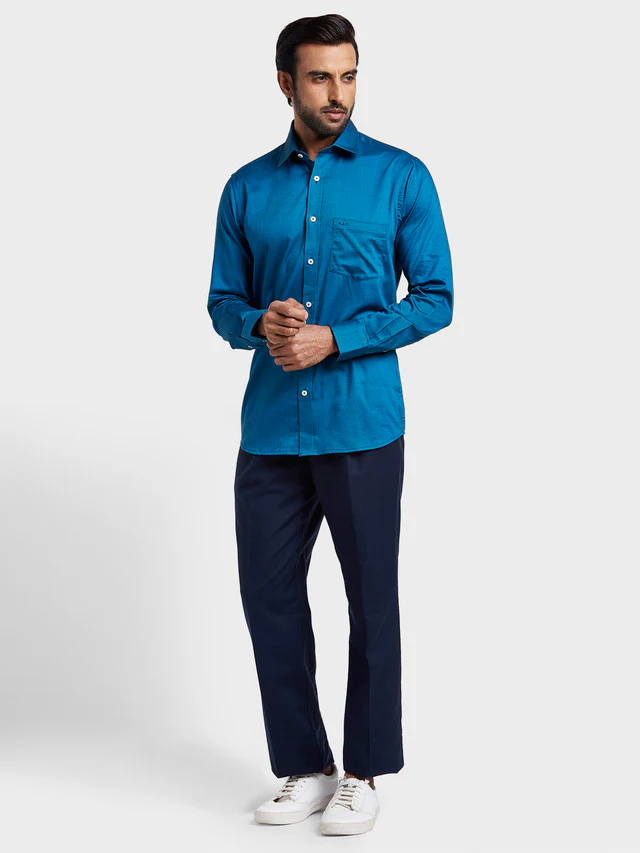Colorplus Blue Solid Piece Dyed Classic Fit Cotton Trouser - Image 5