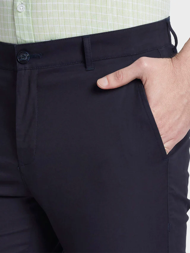Colorplus Blue Solid Piece Dyed Contemporary Fit Cotton Blend Trouser - Image 6