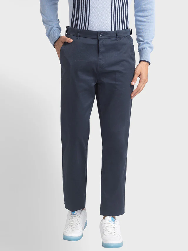 Colorplus Blue Solid Piece Dyed Tailored Fit Cotton Trouser
