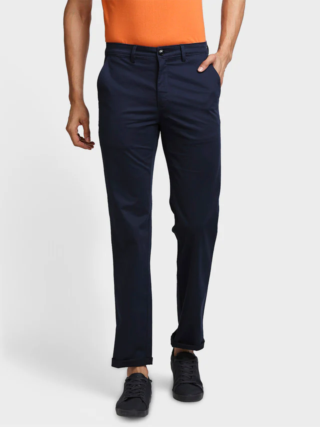 Colorplus Blue Solid Piece Dyed Tapered Fit Cotton Blend Trouser