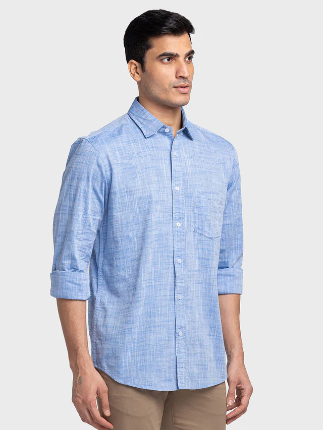 Colorplus Blue Solid Tailored Fit Half Sleeve Cotton Shirt