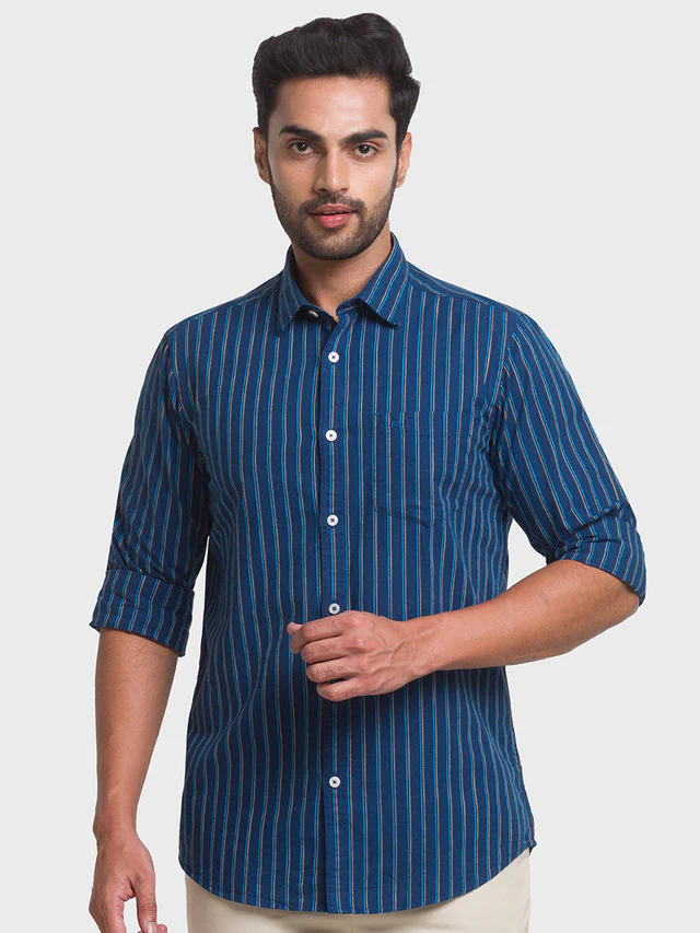 Colorplus Blue Stripe Contemporary Fit Cotton Casual Shirt