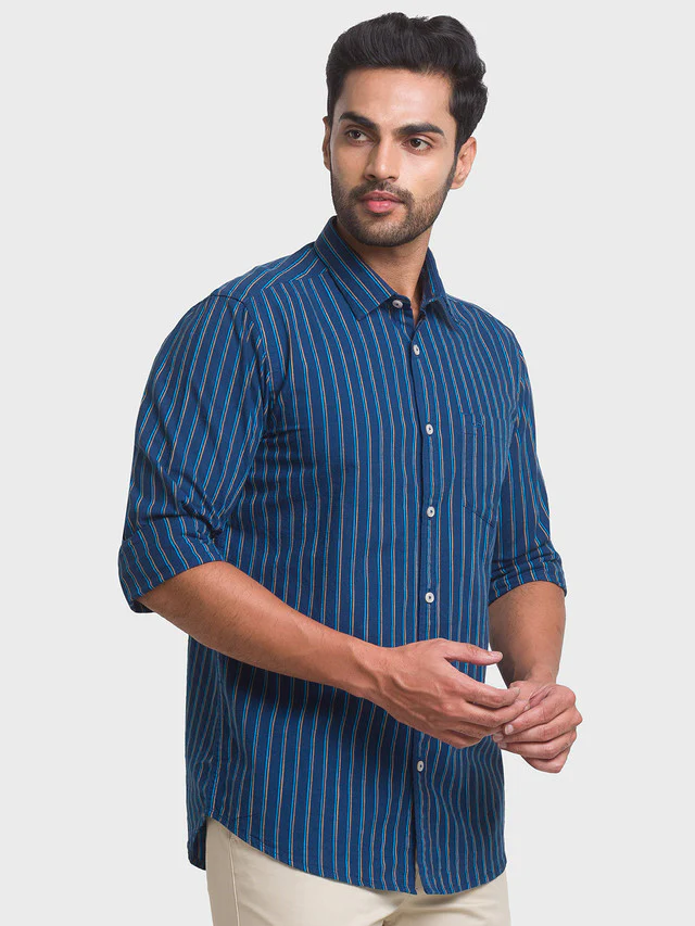 Colorplus Blue Stripe Contemporary Fit Cotton Casual Shirt - Image 2