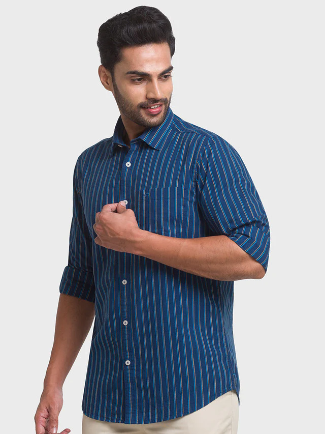 Colorplus Blue Stripe Contemporary Fit Cotton Casual Shirt - Image 3