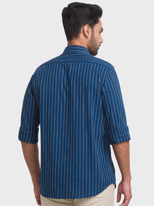 Colorplus Blue Stripe Contemporary Fit Cotton Casual Shirt - Image 4