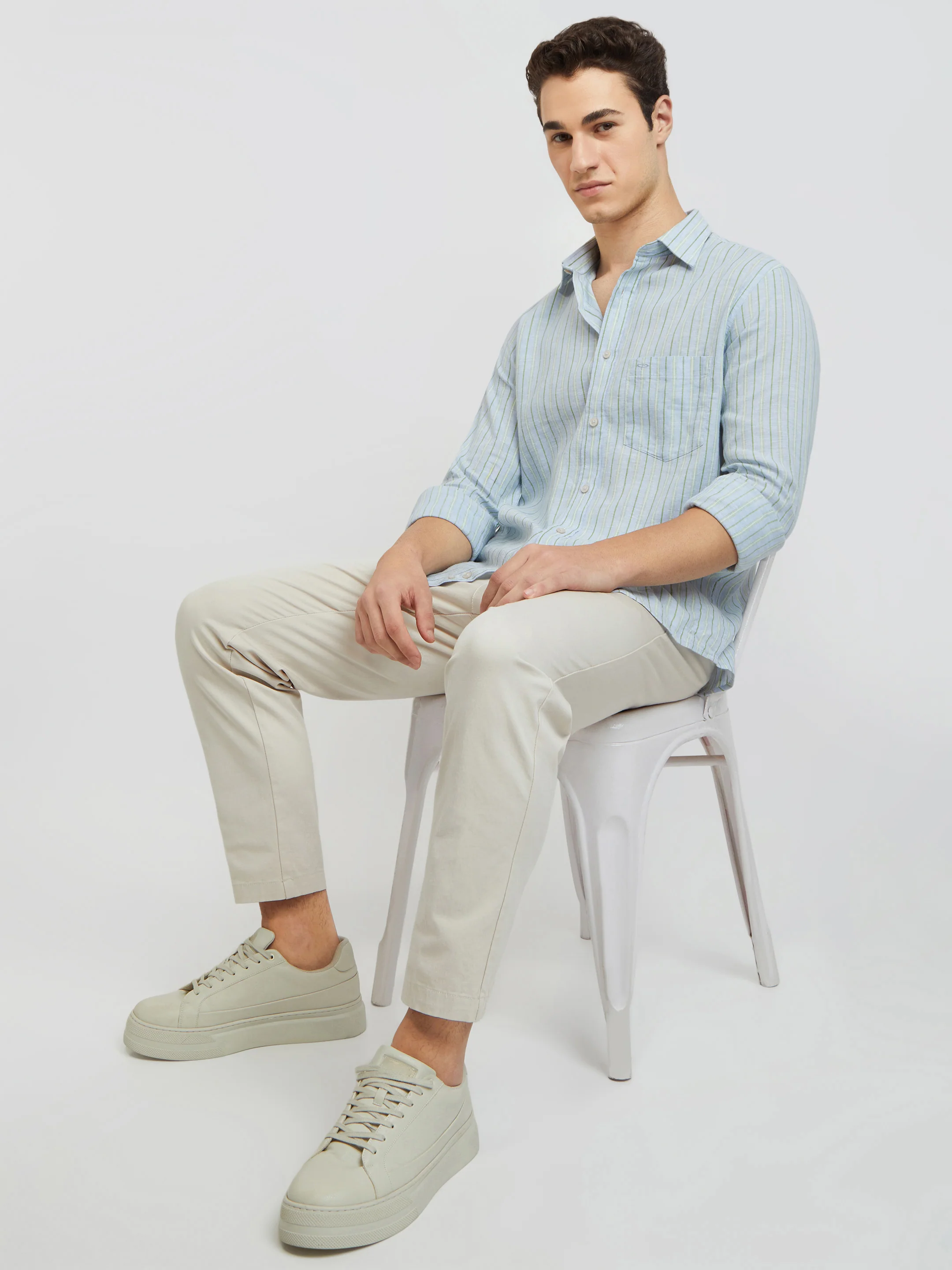 Colorplus Blue Stripe Tailored Fit Linen Blend Casual Shirt - Image 5